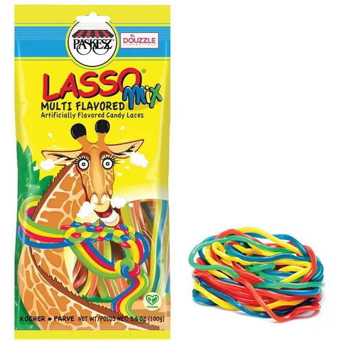 Vista 3 de DOUzzle Kosher Sour Candy Variety, Bitez, Belts, Sticks & Laces (4 Bags) Strawberry Pieces, 4x4 Strips, Forest Berry Straws, Rainbow Ropes