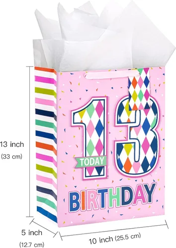 Vista 5 de Loveinside Bolsa de regalo de cumpleaños rosa con papel de seda, etiqueta de regalo y tarjeta de felicitación para niñas, fiestas y más, 10 x 5 x 13