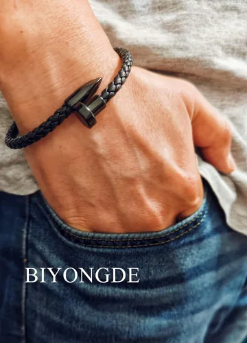 Vista 2 de Pulsera de cuero trenzado para hombre con adorno de uñas de acero inoxidable negro, pulsera delgada de cuero para hombres y mujeres
