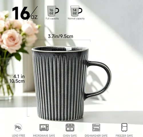 Vista 2 de Juego de 4 tazas de café, tazas de café grandes de cerámica a rayas de 16
