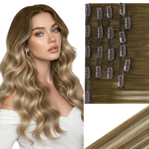 Vista 65 de Ve Sunny Extensiones de cabello clip-in de cabello humano real con reflejos, extensiones de cabello con clip para cabello corto, marrón oscuro