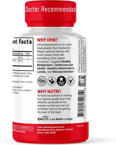 Vista 3 de Suplemento de dihidroberberina de 200 mg, 60 cápsulas, con canela de Ceilán orgánica, 54 veces más biodisponible que el HCL de berberina regular