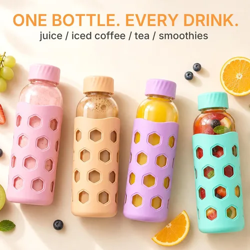 Vista 5 de [Usado] Sursip 16 oz Glass Juice Bottles with Lids, 6 Pack Reusable Clear Glass, Silicone Sleeves and Straws, Leakproof, For Juicing, Smoothies