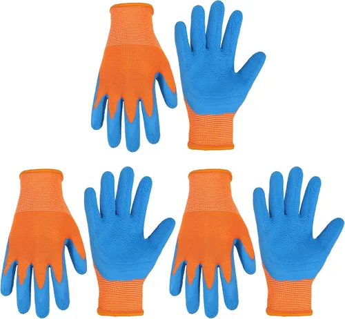 Vista 6 de HANDLANDY 3 pares de guantes de jardinería para niños sin látex, guantes de jardín para niños y niñas con revestimiento de nitrilo para niñas y Verde