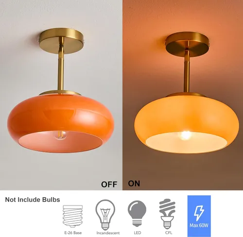 Vista 3 de FCTWAKS Lámpara de techo semiempotrada dorada moderna de 11 pulgadas con pantalla de cristal naranja, lámpara de mediados de siglo para pasillo