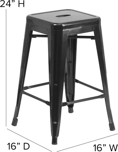 Vista 3 de Taburete de 24 pulgadas de alto para interior y exterior con asiento cuadrado., Metal, Negro