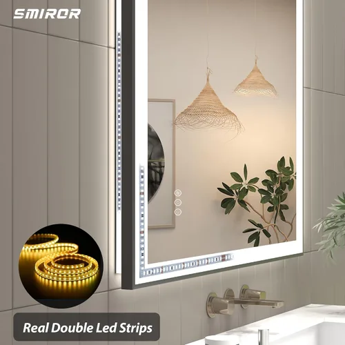 Vista 2 de SMIROR - Espejos LED de 32x36 para pared de baño, espejos modernos de tocador con luces, borde negro, regulable, antiempañamiento, memoria