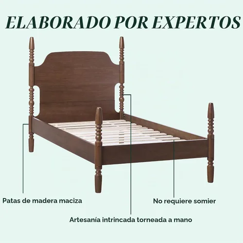 Vista 3 de Walker Edison Cama de Montaje Fácil con Estructura Tradicional de Aspas de Madera, Estructura de Cama Vintage, No Requiere Somier, Estructura