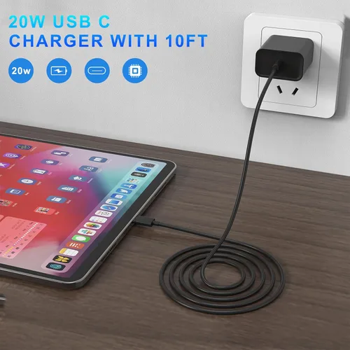 Vista 5 de Cargador de carga rápida para iPhone 16 y 15, paquete de 3 cargadores USB C PD de 20 W con cable de 10 pies, cable USB C tipo C para iPhone 16/16