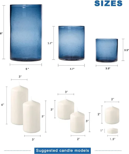 Vista 6 de Portavelas Azul para Velas de Pilar y Té, Jarrones Cilíndricos de Cristal con Burbujas Modernas Estilo Huracán, Centros de Mesa para Cocina, Isla