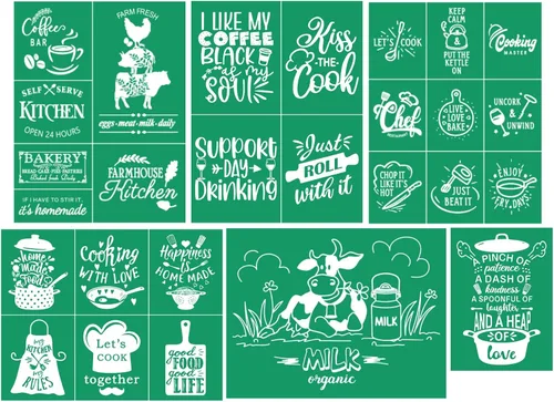 Vista 9 de DGAGA Plantillas de malla autoadhesivas para serigrafía, plantillas de malla con temática de cocina de granja, plantillas de pantalla de seda Café