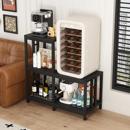 Vista 4 de Mini soporte para refrigerador con almacenamiento, gabinete negro para barra de café con espacio para mini refrigerador, soporte para microondas