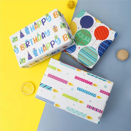 Vista 4 de BULKYTREE Papel de regalo de cumpleaños para niños, niñas, niños, hombres y mujeres, fiestas de vacaciones, 3 hojas grandes, globos