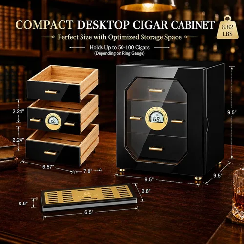 Vista 2 de Woodronic Gabinete humidor de puros para 100 unidades con higrómetro digital, humidificadores de gel de cristal, bandejas y divisores forrados
