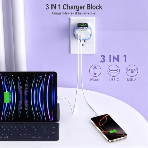 Vista 3 de Bloque de carga para Apple Watch, 23 W PD 3 en 1, bloque de carga USB C integrado, inalámbrico, magnético, cargador de pared, enchufe compatible
