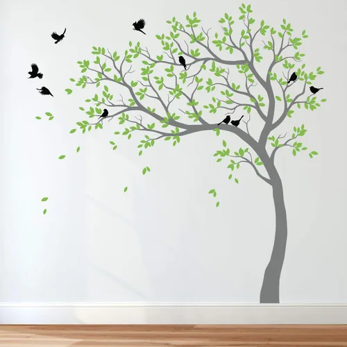 Vista 12 de Calcomanías de pared para árbol grande, calcomanías de árbol inclinado con pájaros, mural de vinilo decorativo KW032
