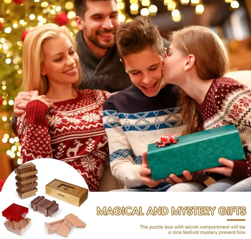 Vista 6 de Paquete de 5 cajas de rompecabezas, caja de madera de Navidad con compartimento de cerradura, cajas de rompecabezas de madera 3D, rompecabezas