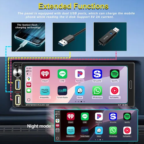 Vista 4 de Radio estéreo para automóvil DIN simple de 6.9 pulgadas con Apple CarPlay inalámbrico, Bluetooth para automóvil 5.2, Android Auto, pantalla IPS 1280