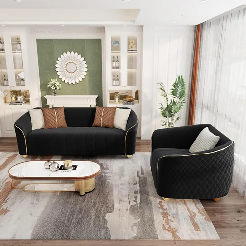 Vista 6 de Sofá de terciopelo retro de lujo para sala de estar, cómodo sillón tapizado de 40 pulgadas con patas de metal dorado y almohada, sofá seccional Negro