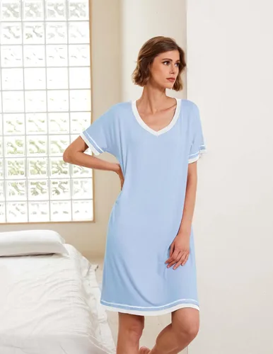 Vista 2 de Ekouaer Camisones de manga corta para mujer, cuello en V, cómodo camisón S-XXL