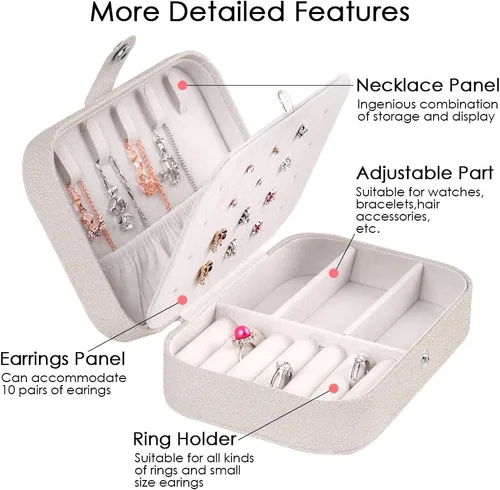 Vista 3 de XYMAO Joyeros portátiles de piel sintética para mujeres y niñas, organizador de joyas de viaje para collares, anillos y aretes (blanco brillante)