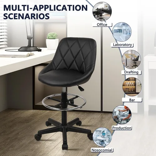 Vista 4 de KLASIKA Silla de dibujo con respaldo, taburete giratorio de cuero sintético ajustable en altura con anillo para el pie, silla de oficina ergonómica