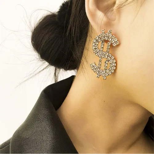 Vista 2 de Aretes de cristal con signo de dólar para mujer, aretes colgantes con declaración de dinero, colección KELMALL