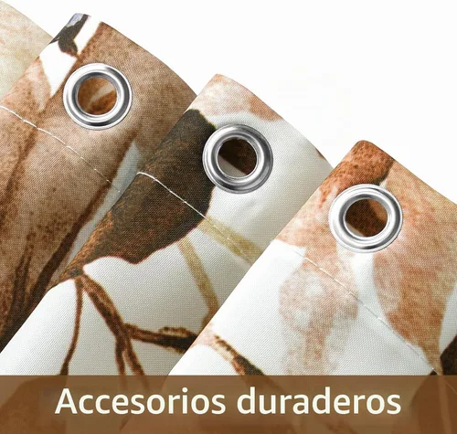 Vista 3 de MitoVilla Juego de 4 piezas de hojas de plantas marrones con cortina de ducha y alfombras, juegos de cortinas de ducha florales rústicas