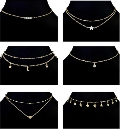 Vista 6 de Ofeiyaa - Juego de 12 piezas con cadena de oro, collar de cuentas de moneda, luna, estrella, dije de perla, gargantilla de cadena multicapa