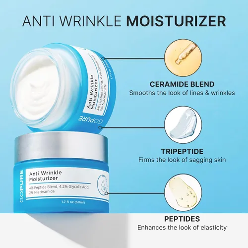 Vista 3 de goPure Glyco-Peptide Crema facial antiarrugas – Hidratante de ácido hialurónico para cara con ácido glicólico, péptidos y vitamina E – Hidratante