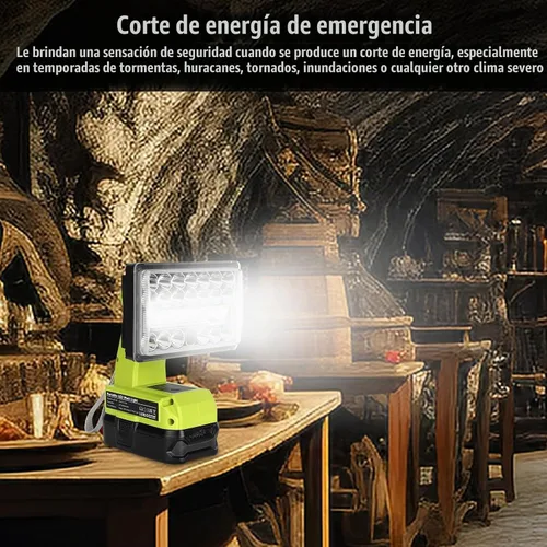 Vista 6 de Linterna de 18 W compatible con batería Ryobi de 18 V, reflector de luz de 2000LM 18V con puerto USB, puerto tipo C, cabezal giratorio de 110 grados