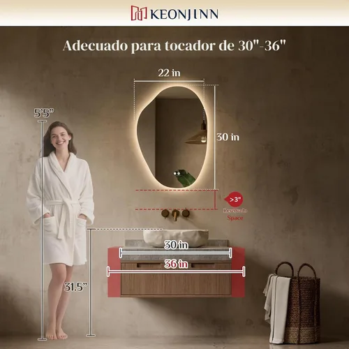 Vista 7 de Keonjinn Espejo de baño retroiluminado asimétrico de 22 x 30 pulgadas con luces, espejo LED irregular con vidrio templado HD, controlador LED