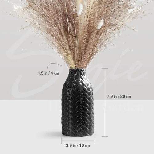 Vista 5 de STHIE Jarrón de cerámica en relieve negro, jarrón decorativo de 8 pulgadas para decoración del hogar, jarrón hermético para flores frescas o secas
