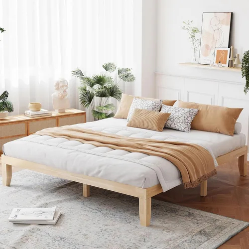 Vista 13 de Giantex Marco de Cama de Plataforma de Madera Individual de 14 Pulgadas, Base de Colchón Minimalista con Madera de Caucho Sólida, Soporte