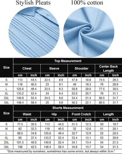 Vista 6 de COOFANDY Conjunto de ropa de lino azul para hombre, camisa de algodón de manga corta con botones y pantalones cortos de lino