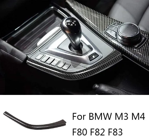 Vista 2 de YIWANG Tiras decorativas de fibra de carbono real en forma de L para palanca de cambios de coche para BMW F80 F82 F83 M3 M4 2014-2018 Accesorios