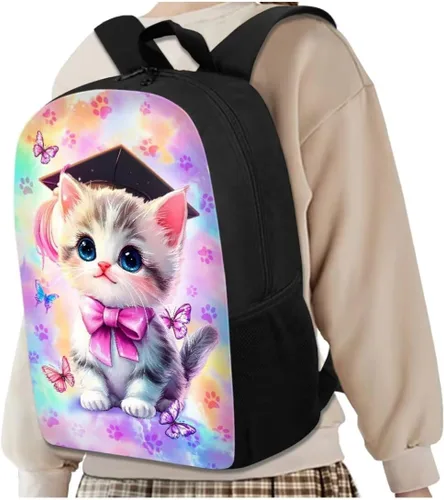 Vista 2 de Mochila escolar unisex para niños para escuela primaria y secundaria, gran capacidad, espacio de almacenamiento portátil, Kawaii Cat, Talla única