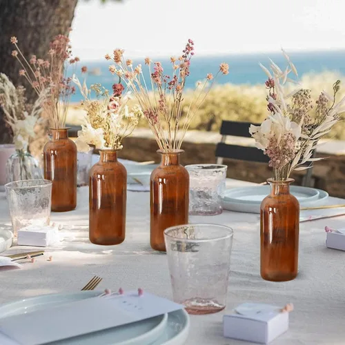 Vista 4 de Jarrón de cristal ámbar, paquete de 20 jarrones de 8 onzas, jarrones pequeños para flores, botellas de ámbar decorativas para centro de mesa