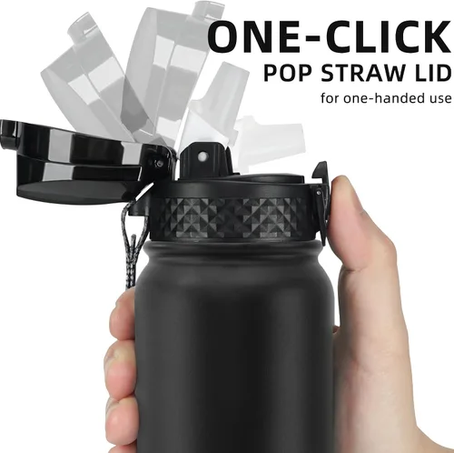 Vista 2 de Fanhaw Botella de agua de acero inoxidable aislada para niños de 20 onzas con tapa con popote, a prueba de fugas y antipolvo, botella de uso diario