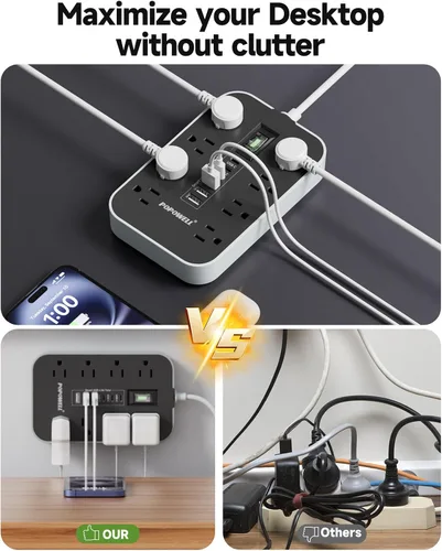 Vista 7 de Regleta de alimentación para electrodomésticos: cable de extensión resistente de calibre 14, 24 pulgadas, 8 tomas de CA y 6 puertos USB, estación