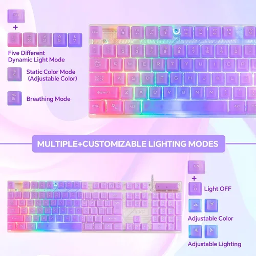 Vista 2 de CHONCHOW Combo de teclado y mouse RGB para juegos, teclado transparente con cable USB, retroiluminación LED arco iris, juego de teclado transparente