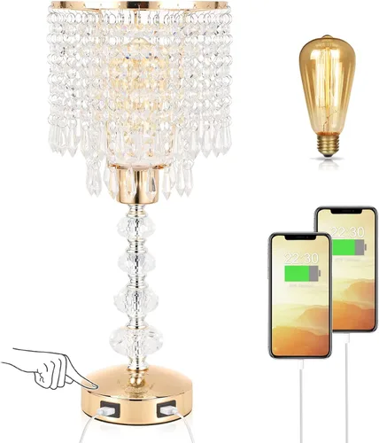 Vista 8 de Lámpara de mesa de cristal con control táctil, regulable de 3 vías, lámpara pequeña para mesita de noche con 2 puertos de carga USB, lámpara de mesa