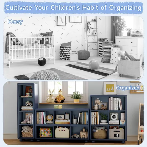 Vista 8 de Estantería para niños, estantería grande de madera con almacenamiento de 6 cubos, organizador de almacenamiento de juguetes para niñas con pintura
