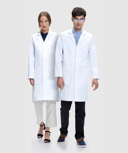 Vista 3 de Dr. James Abrigo de laboratorio profesional, bolsillos para teléfonos inteligentes y tabletas, ajuste clásico, 40 pulgadas de largo, color blanco