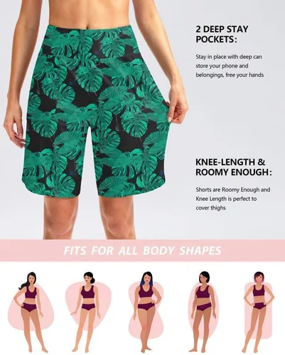Vista 2 de Viodia Pantalones cortos de natación para mujer de 9 pulgadas de largo con bolsillos, cintura alta, trajes de baño de playa, hasta la rodilla