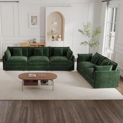 Vista 17 de mikibama Juego de sofá biplaza y sillón de lujo de 2 piezas, moderno juego de sofás nube tapizados de chenilla con 5 almohadas para sala de estar