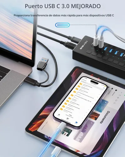 Vista 3 de Concentrador USB 3.0 alimentado, concentrador USB ACASIS de 16 puertos (incluye 2 puertos de carga inteligente USB C 3.0+4) con adaptador
