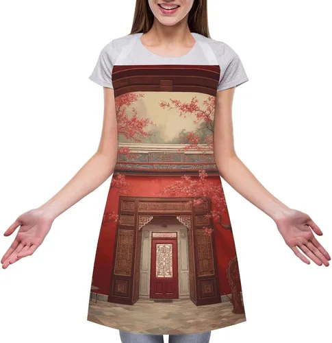 Vista 3 de MUSM Apron for Adults - 27.6 X 31.5 Inch, Heavy-Duty Polyester Aprons with Two Large Pockets, Waterproof Red Oriental Painting Kitchen Apron for