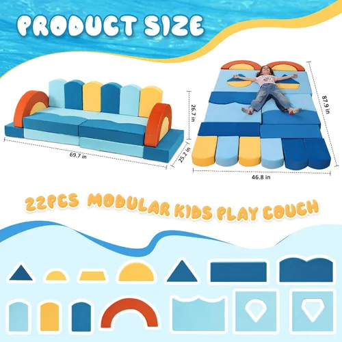 Vista 2 de Erament Sofá de Juego Modular para Niños de 22 Piezas para Niños Pequeños - Sofá Cama para Niños para Sala de Juegos, Muebles Convertibles