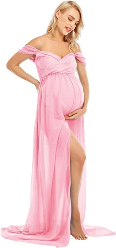Vista 4 de ZIUMUDY Vestido de gasa de maternidad con hombros descubiertos para sesión de fotos, vestido largo de encaje frontal dividido para fotografía